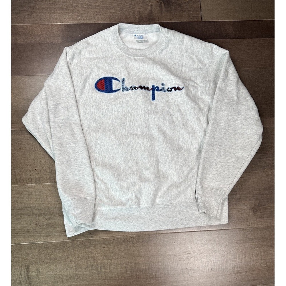 Champion Sweatshirt Mens Large Reverse Weave Script Crew‎ Sweatshirt Silver Grey